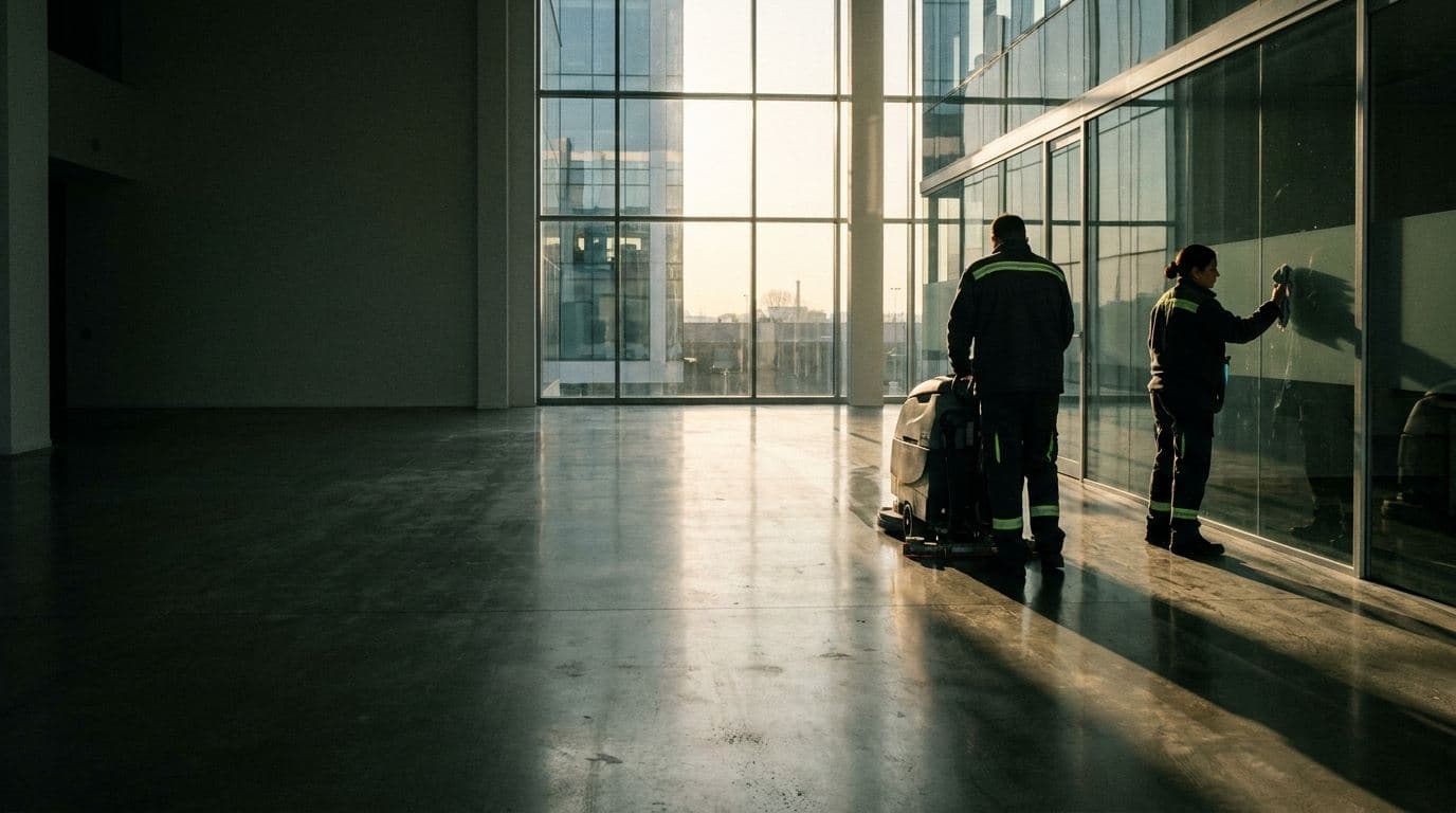 Two commercial cleaners at work in an office lobby at sunrise, one operating a walk-behind floor scrubber and the other cleaning a glass wall.